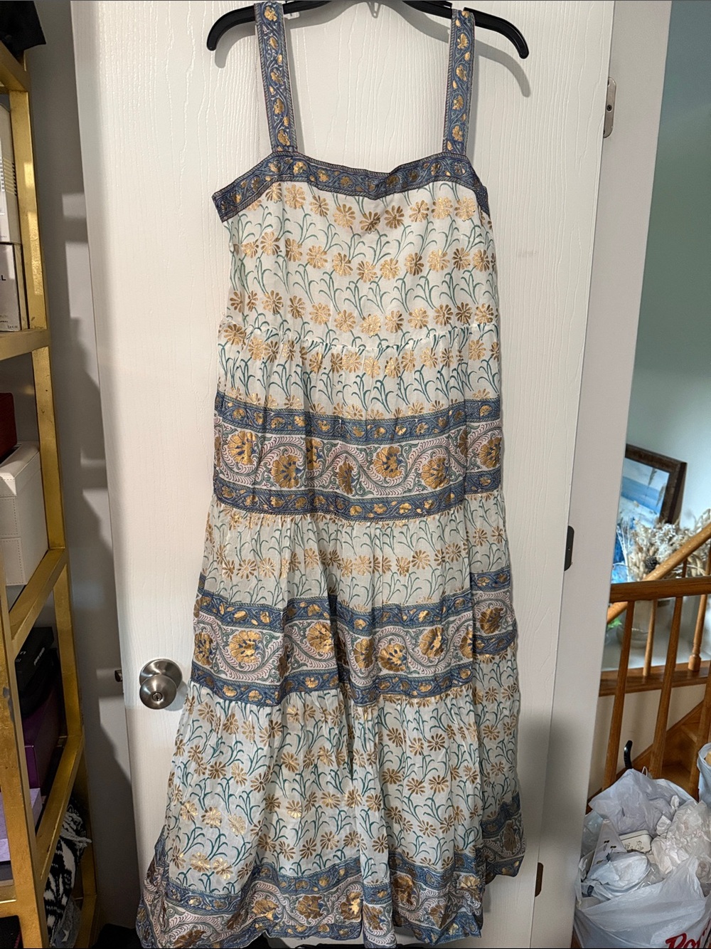 Oliphant Cream Maxi Dress with Blue and Mustard Floral Stripes